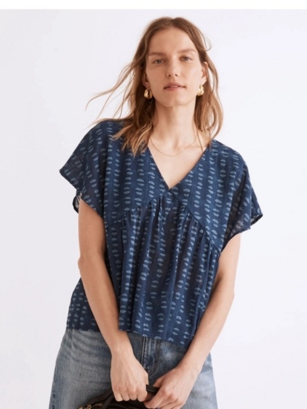 Madewell Indigo Block Print Shirred Cotton Top, Color Half Moon Indigo Size L